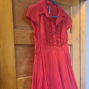 Wish Orange Red Ruffled Buttoned Midi Dress